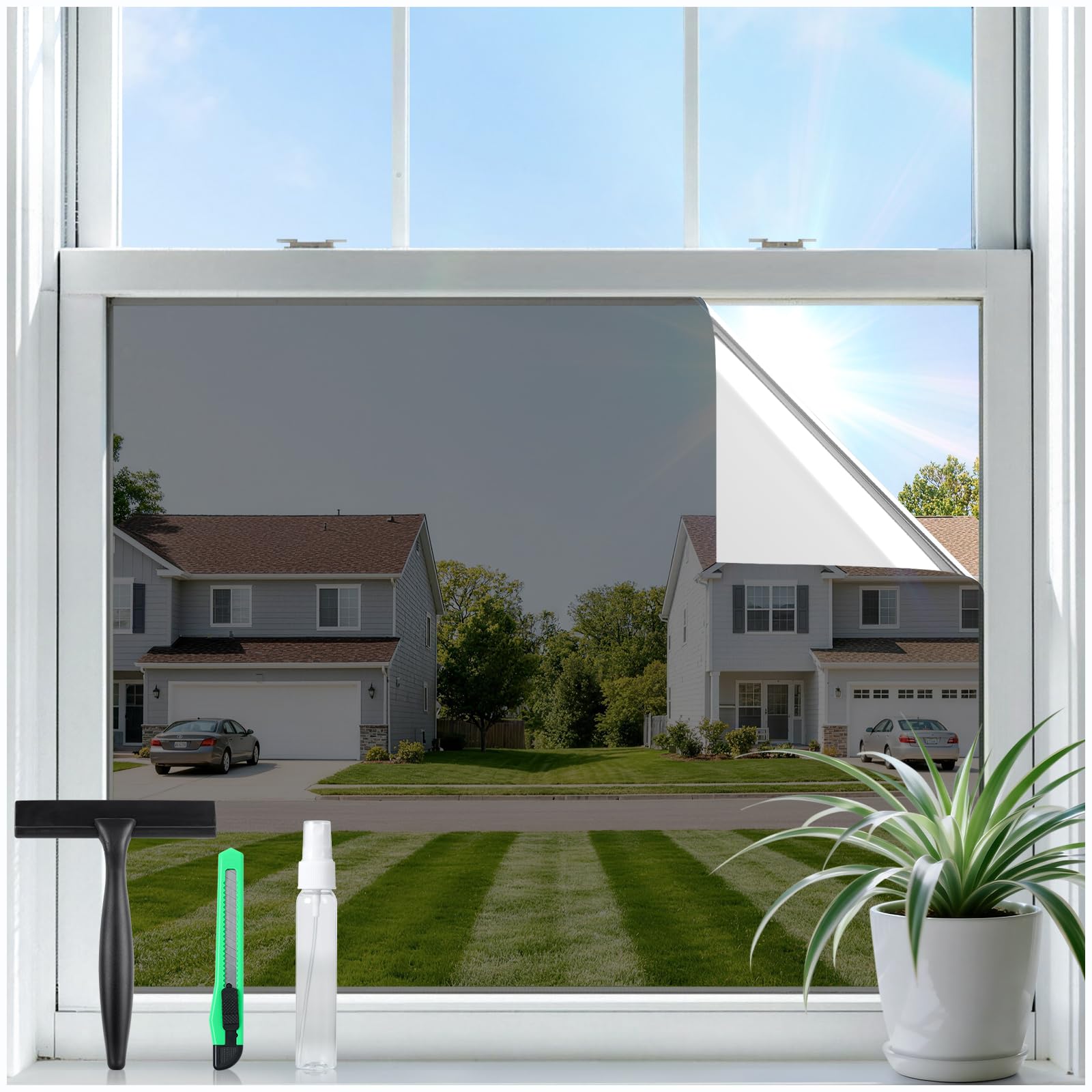 Rabbitgoo one-way privacy window film application shows daytime privacy with visible outdoors