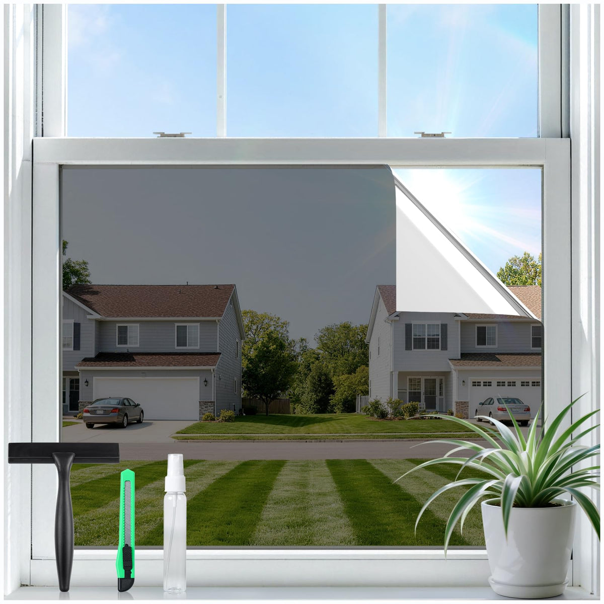 Rabbitgoo one-way privacy window film application shows daytime privacy with visible outdoors