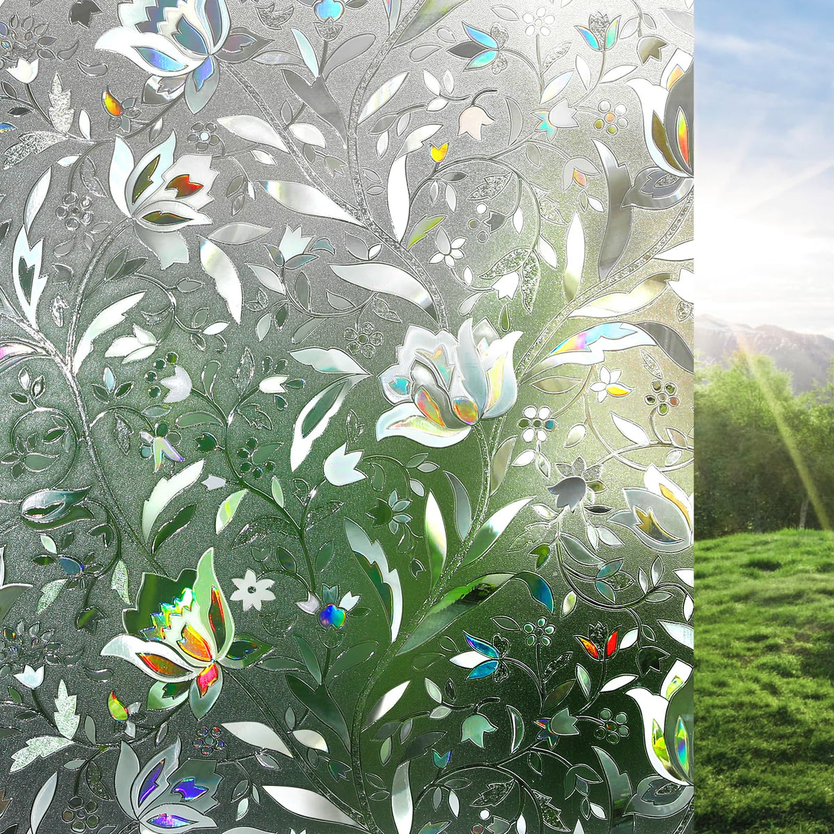 Rabbitgoo Rainbow Tulip Window Film close-up demonstrating privacy with soft lighting
