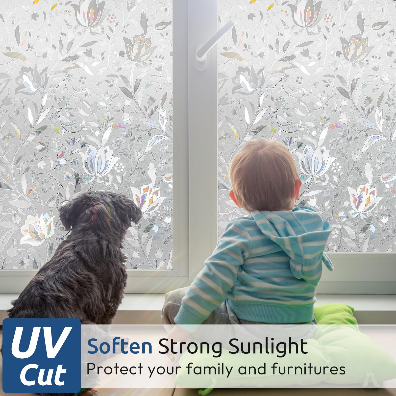 Rabbitgoo Rainbow Tulip Window Film roll showing decorative option and privacy