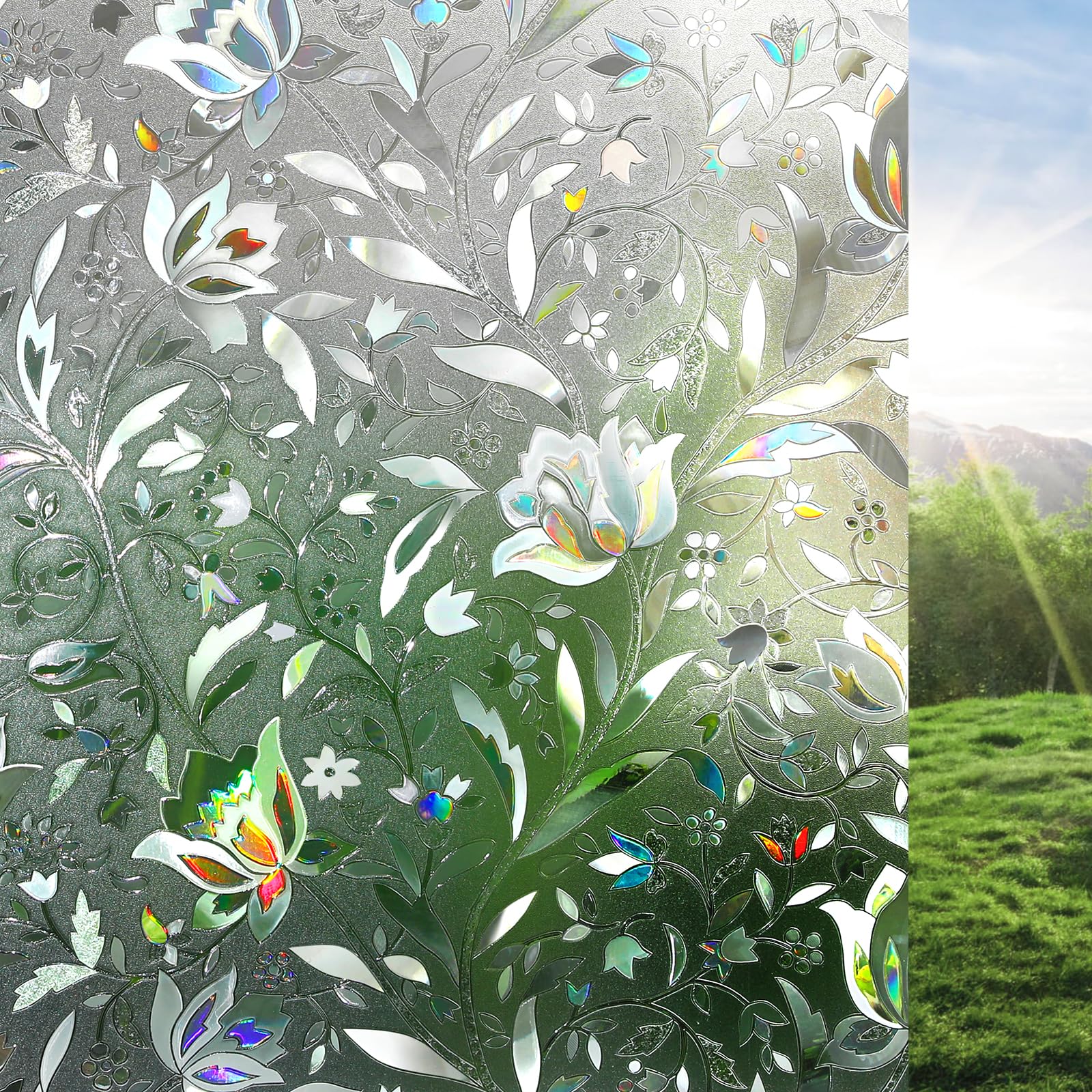 Rabbitgoo Rainbow Tulip window film close-up showing privacy-friendly pattern.
