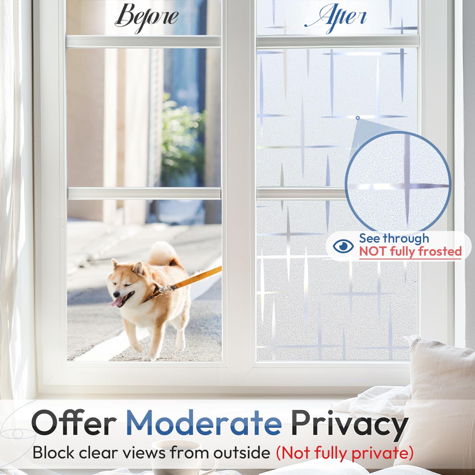 Rabbitgoo privacy film cross pattern reduces glare and preserves daylight in living rooms.