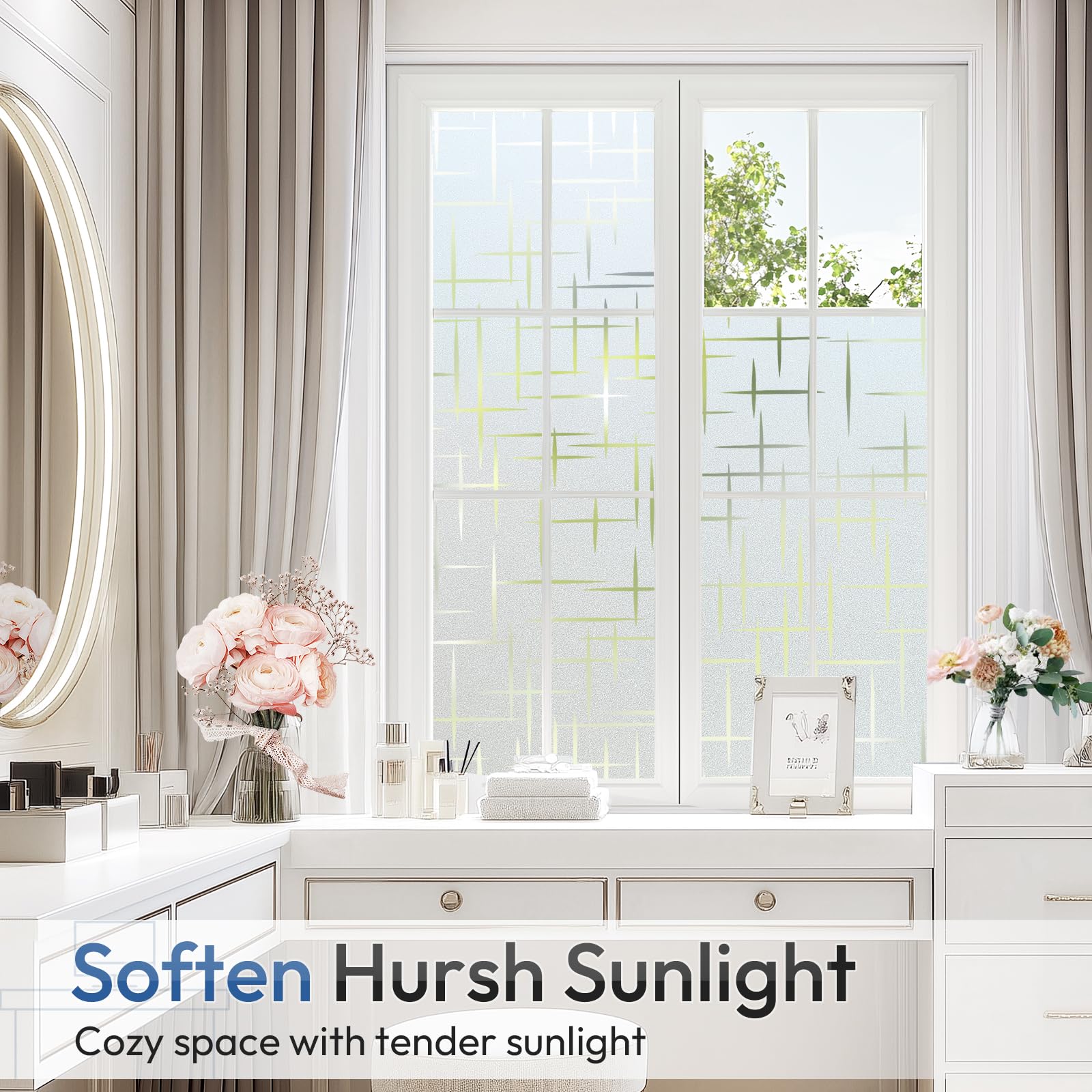 Rabbitgoo cross-pattern window film enhances front door aesthetics while improving privacy.