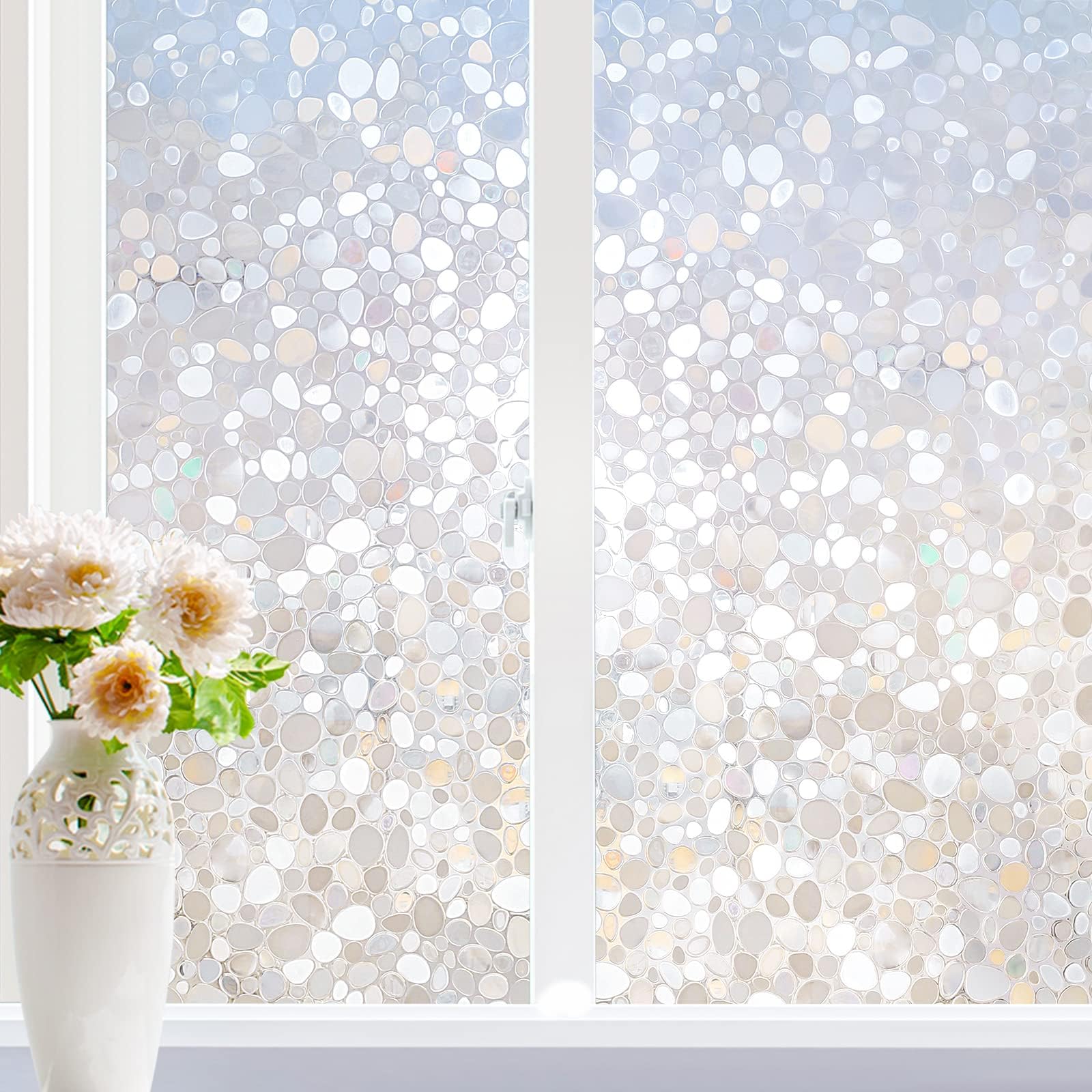 Rabbitgoo window privacy film with rainbow pebble pattern lets light through while blurring views.