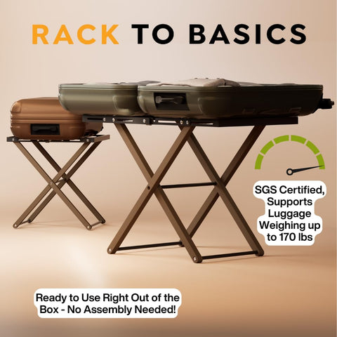 Rack to Basics luggage rack extended to 35 inches for large suitcases.