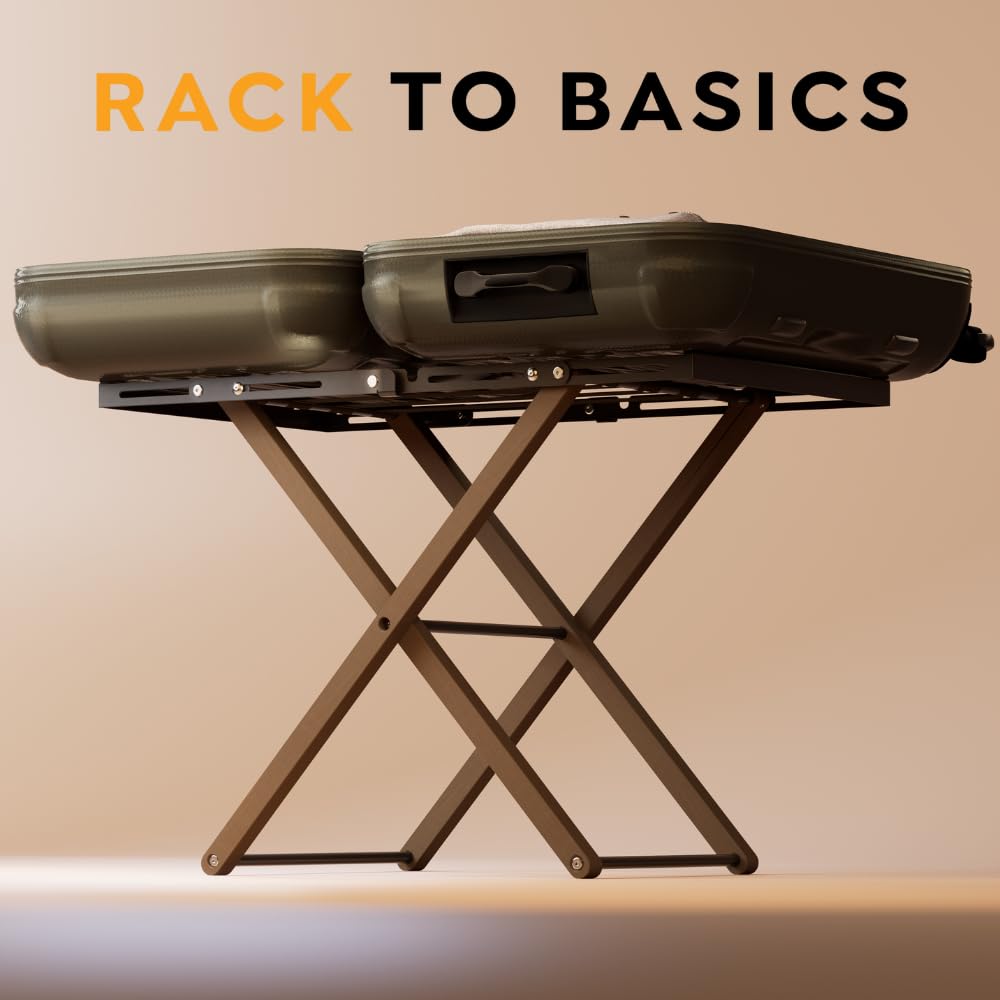 Rack to Basics luggage rack folds to 3 inches for compact storage.