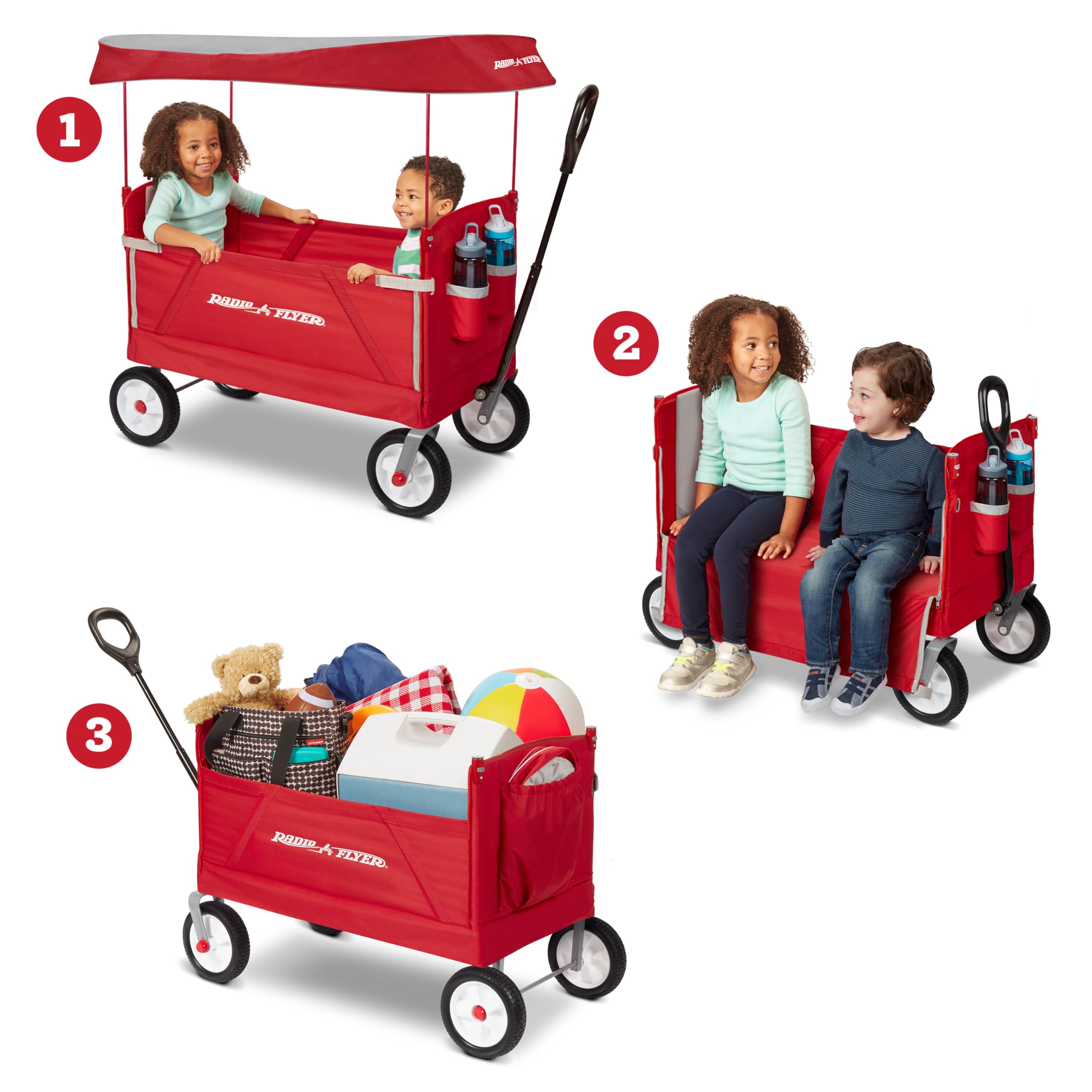 Radio Flyer 3-in-1 wagon with two riders ready for park