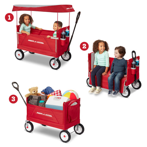 Radio Flyer 3-in-1 wagon with two riders ready for park
