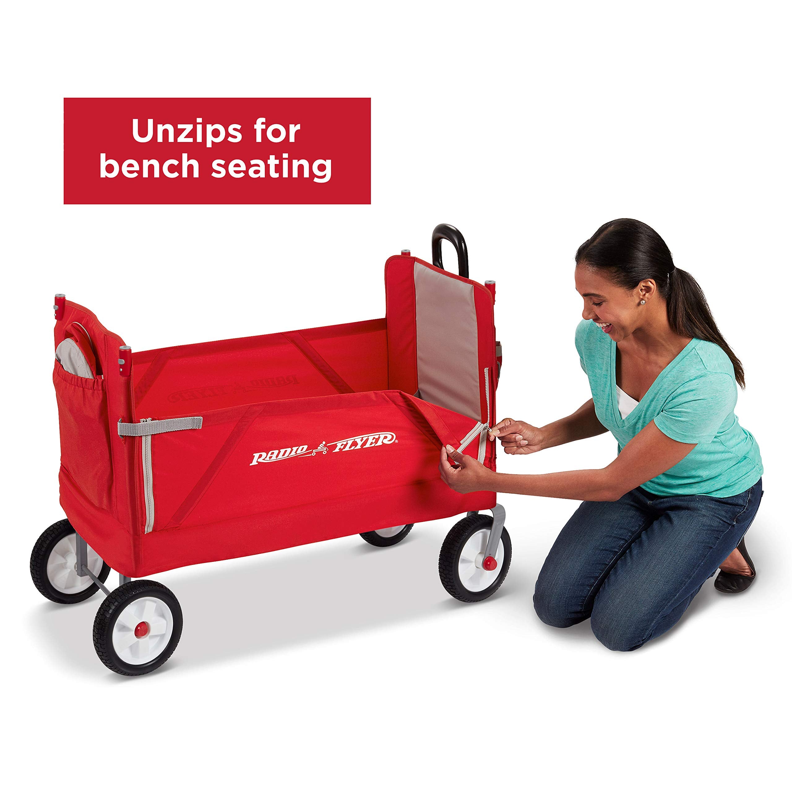 Radio Flyer wagon with padded seats and high backs for comfort