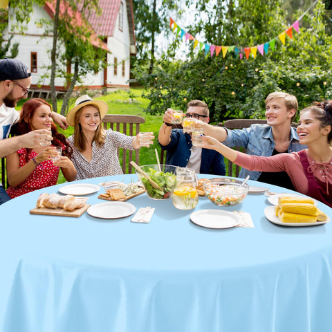 Ragnhild light blue disposable table cover for 8-10 seat round tables