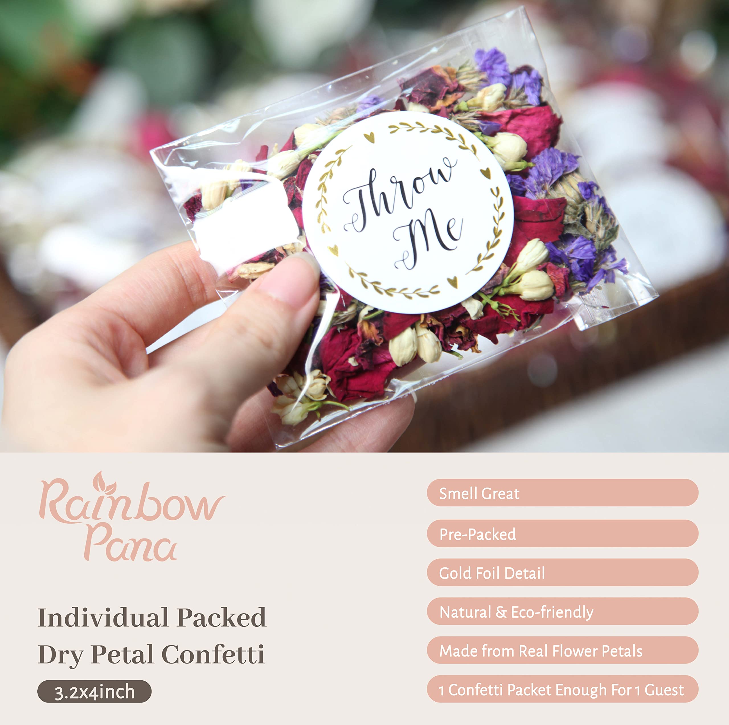 RainbowPana multi-color petals packets ready for guest toss.