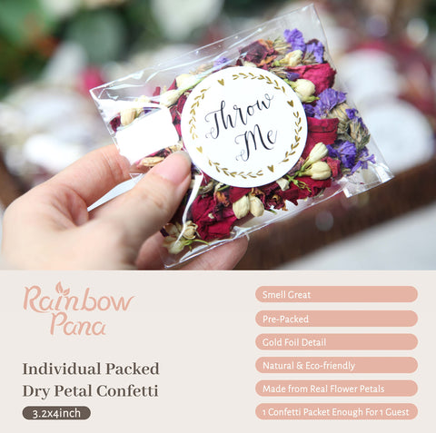 RainbowPana multi-color petals packets ready for guest toss.