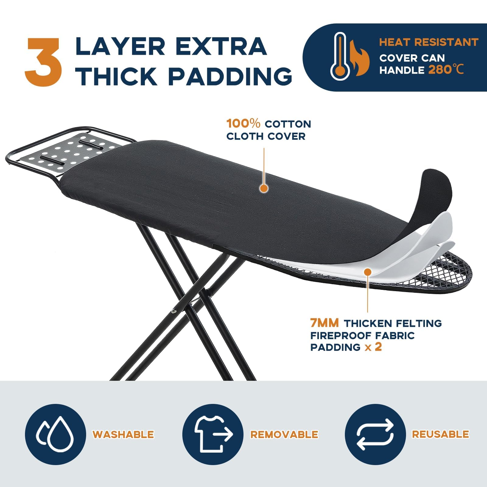 RAINHOL heat-resistant cover with thick pads for smooth ironing.