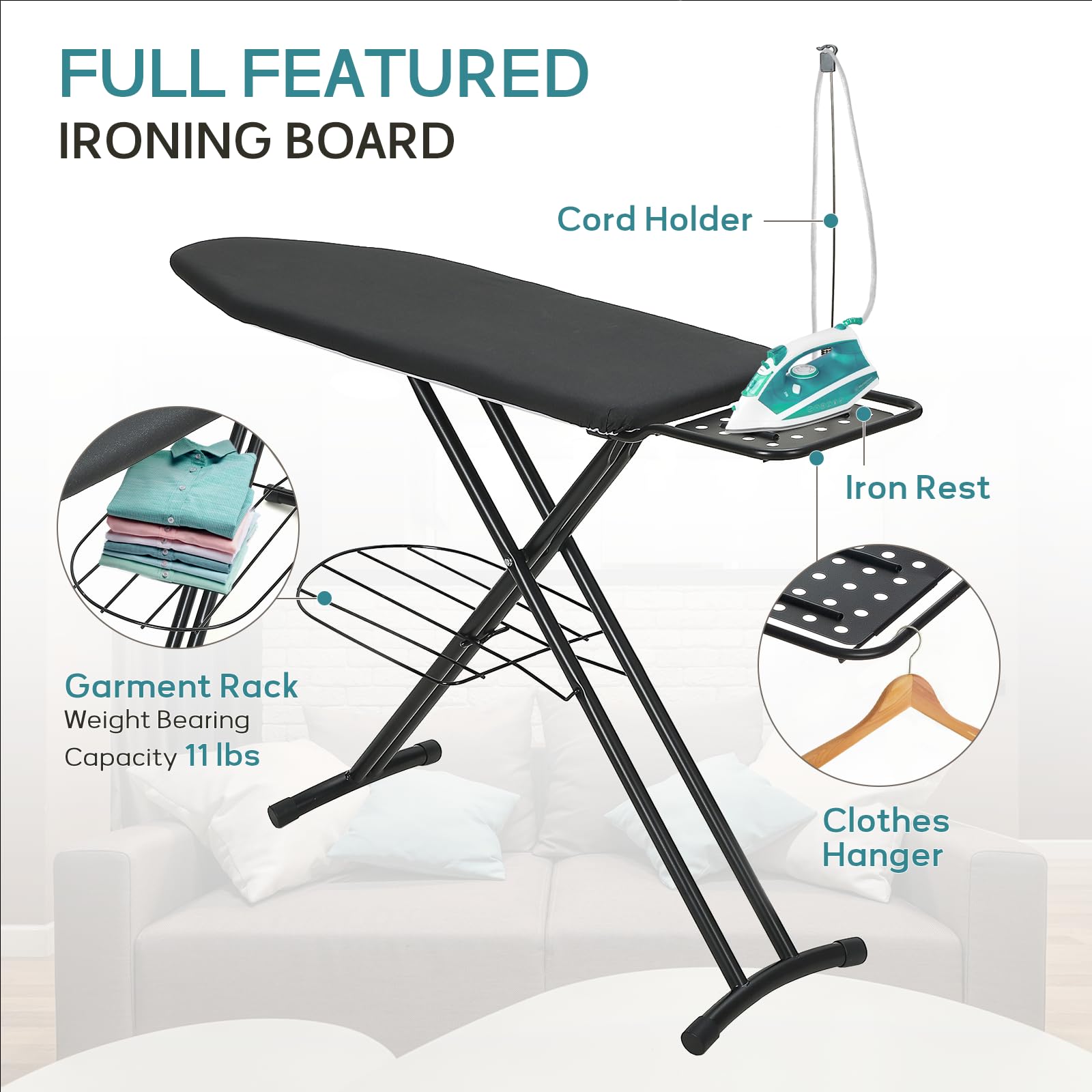 RAINHOL iron rest and storage tray keeps the workspace organized.