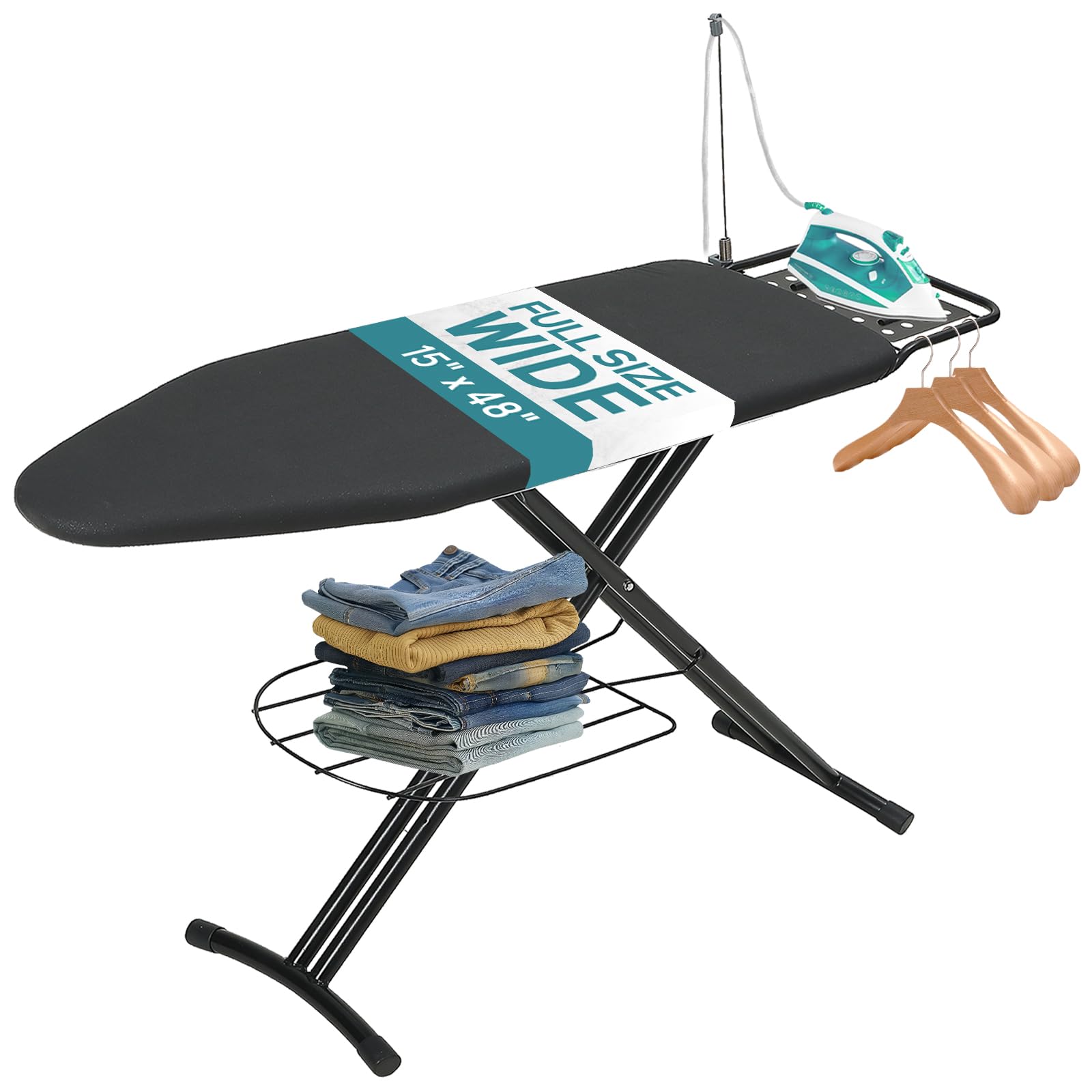 RAINHOL ironing board 48x15 full-size with stable legs for smooth ironing.