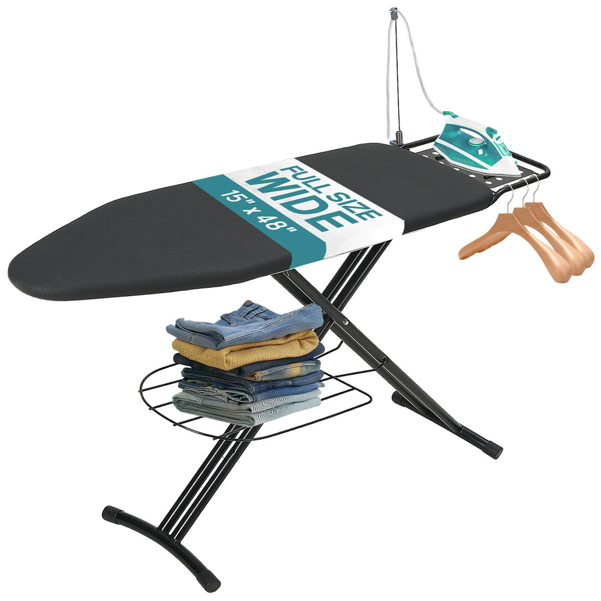 RAINHOL ironing board 48x15 full-size with stable legs for smooth ironing.