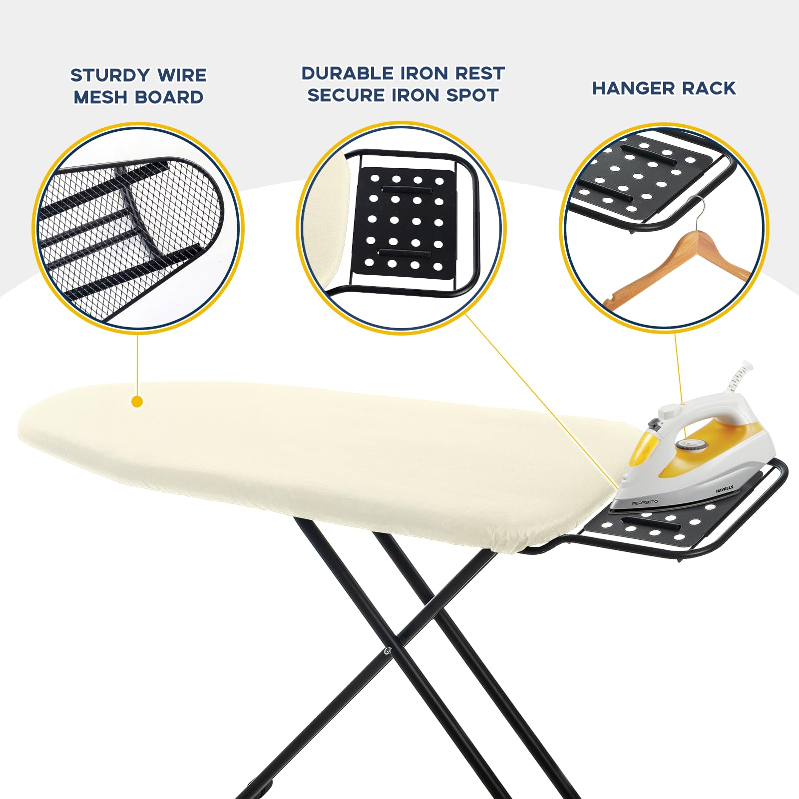 RAINHOL height-adjustable legs enable comfortable ironing at different heights.