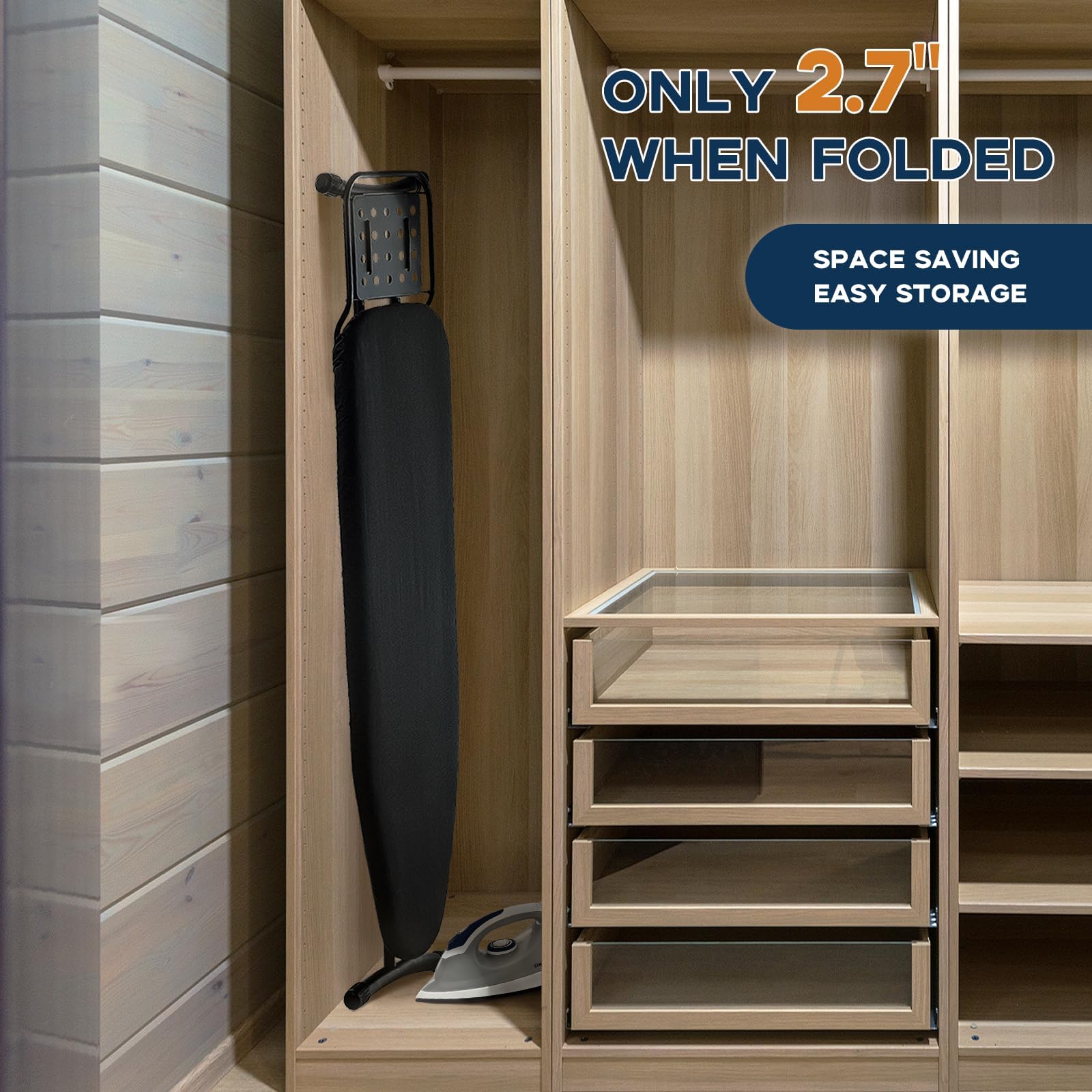 RAINHOL packaged dimensions show compact storage in a closet.