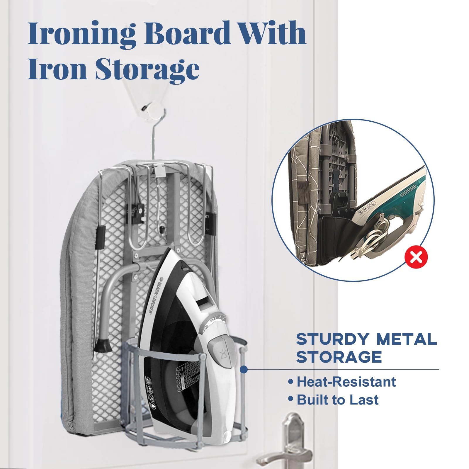 RAINHOL folded ironing board stowed flat for dorm or travel.