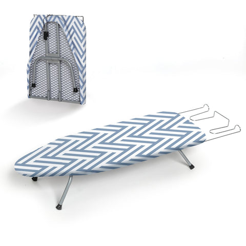 RAINHOL small tabletop ironing board in blue stripes, compact for quick wrinkle removal.