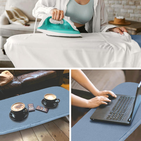 RAINHOL blue table top ironing board ready for daily quick touch-ups.