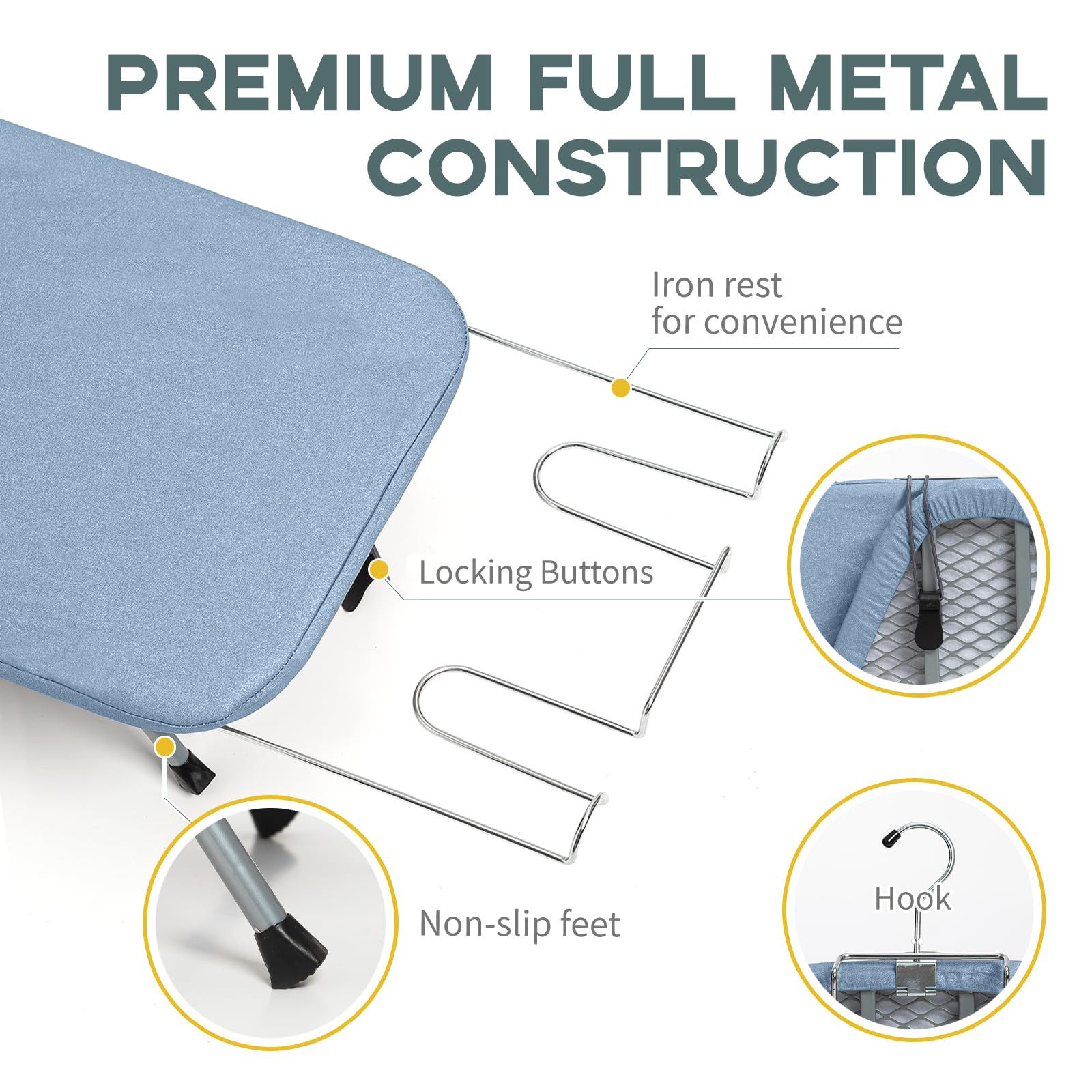 RAINHOL ironing board includes iron holder for convenient setup.