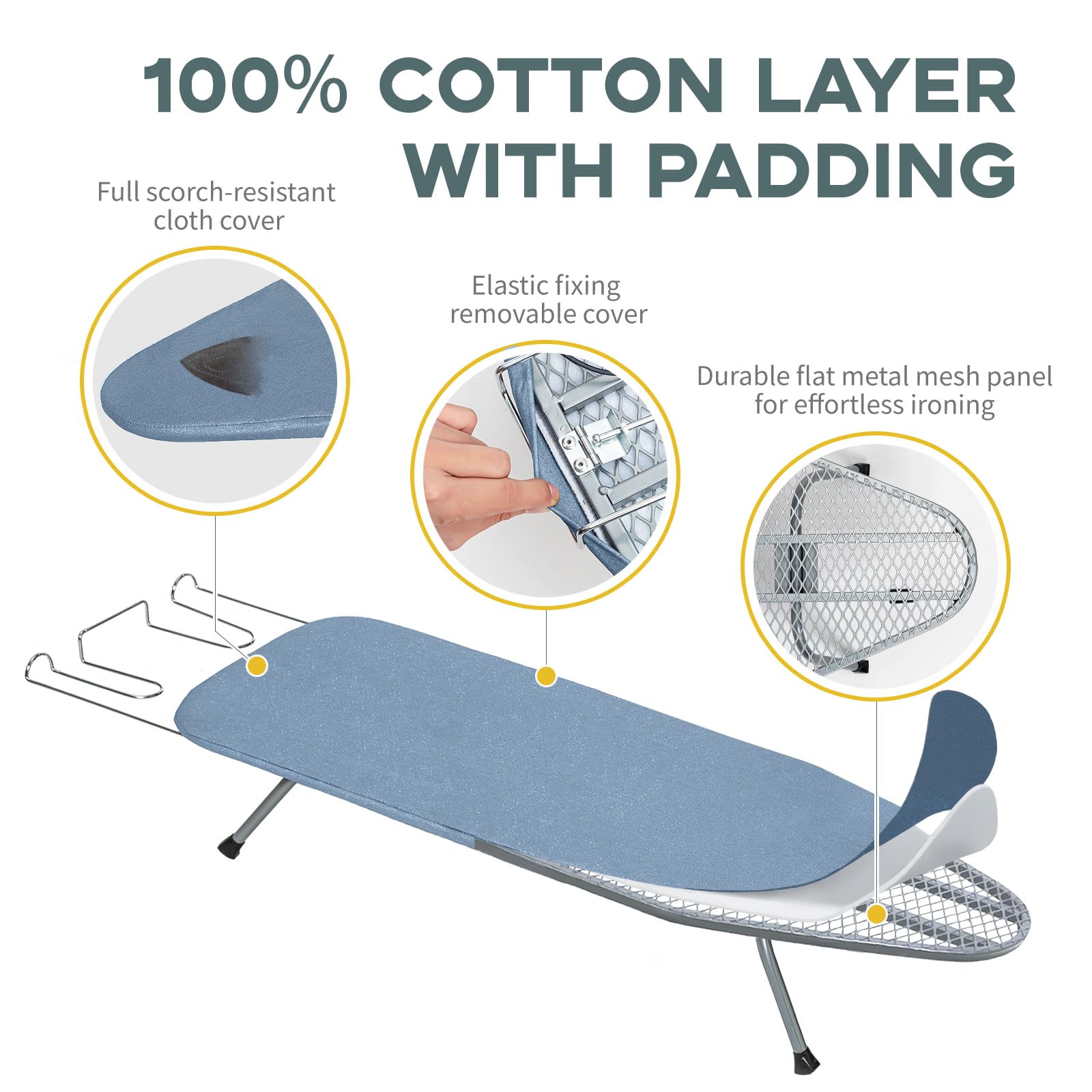 RAINHOL table top ironing board opened flat with cushioned surface for smooth ironing.
