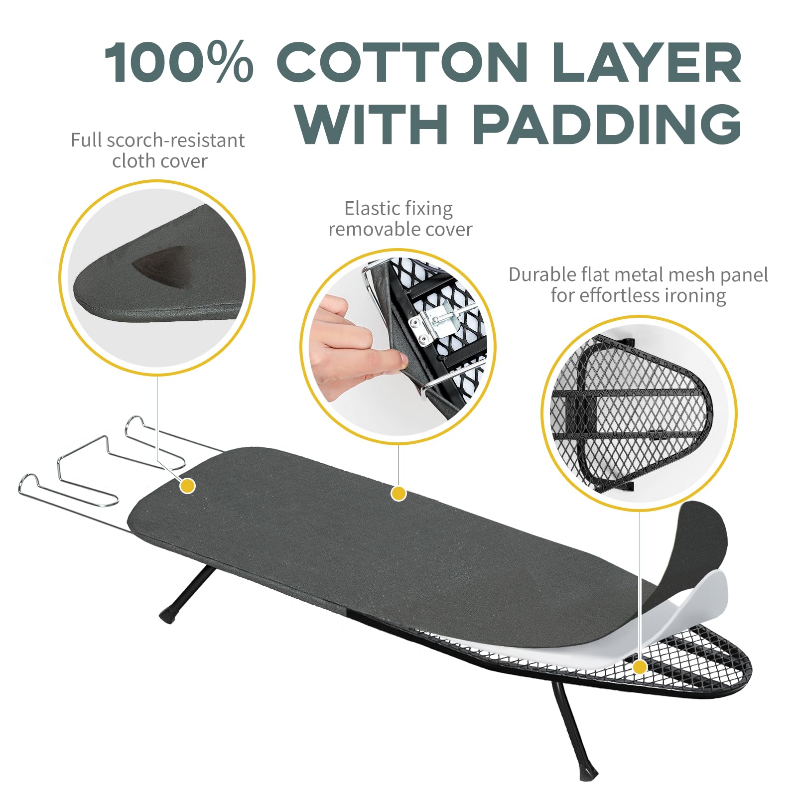 RAINHOL tabletop ironing board with cover and pad for quick garment touch-ups