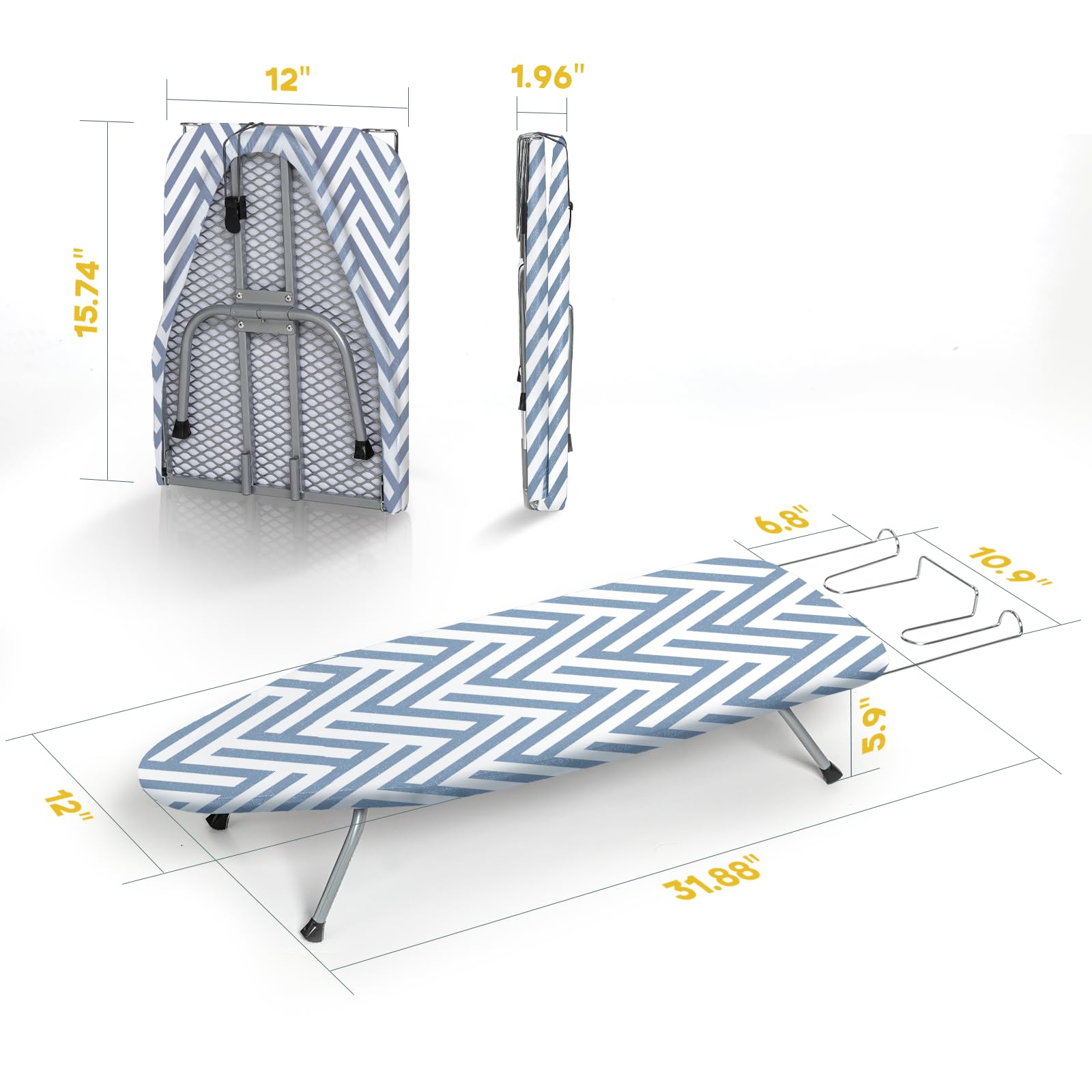 RAINHOL telescopic iron rest extends to support larger garments.