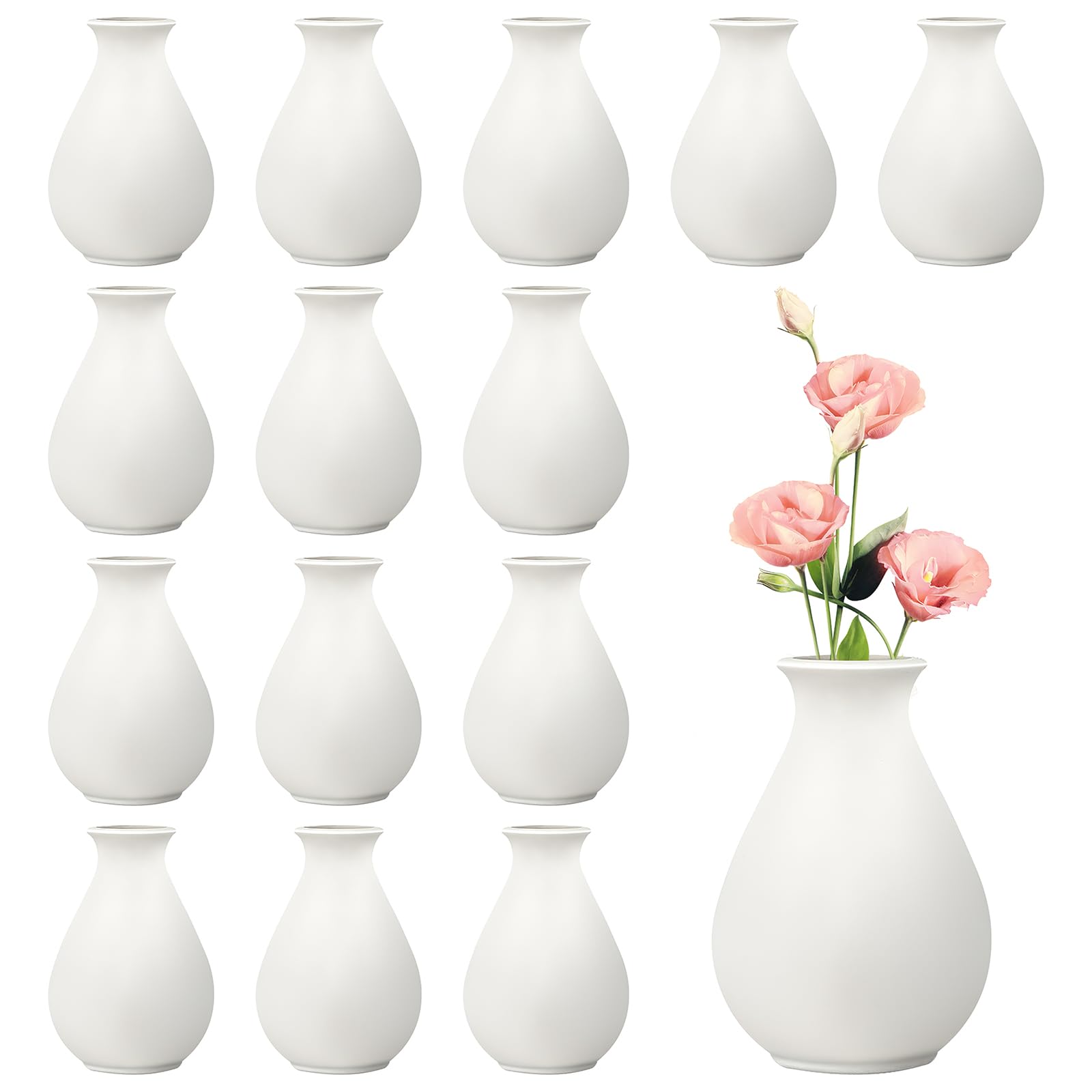 Rainmae 15-pack white ceramic bud vases on a table, ideal for stylish centerpieces.