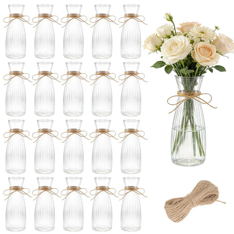 Rainmae 20-piece plastic bud vases with twine for versatile centerpieces.