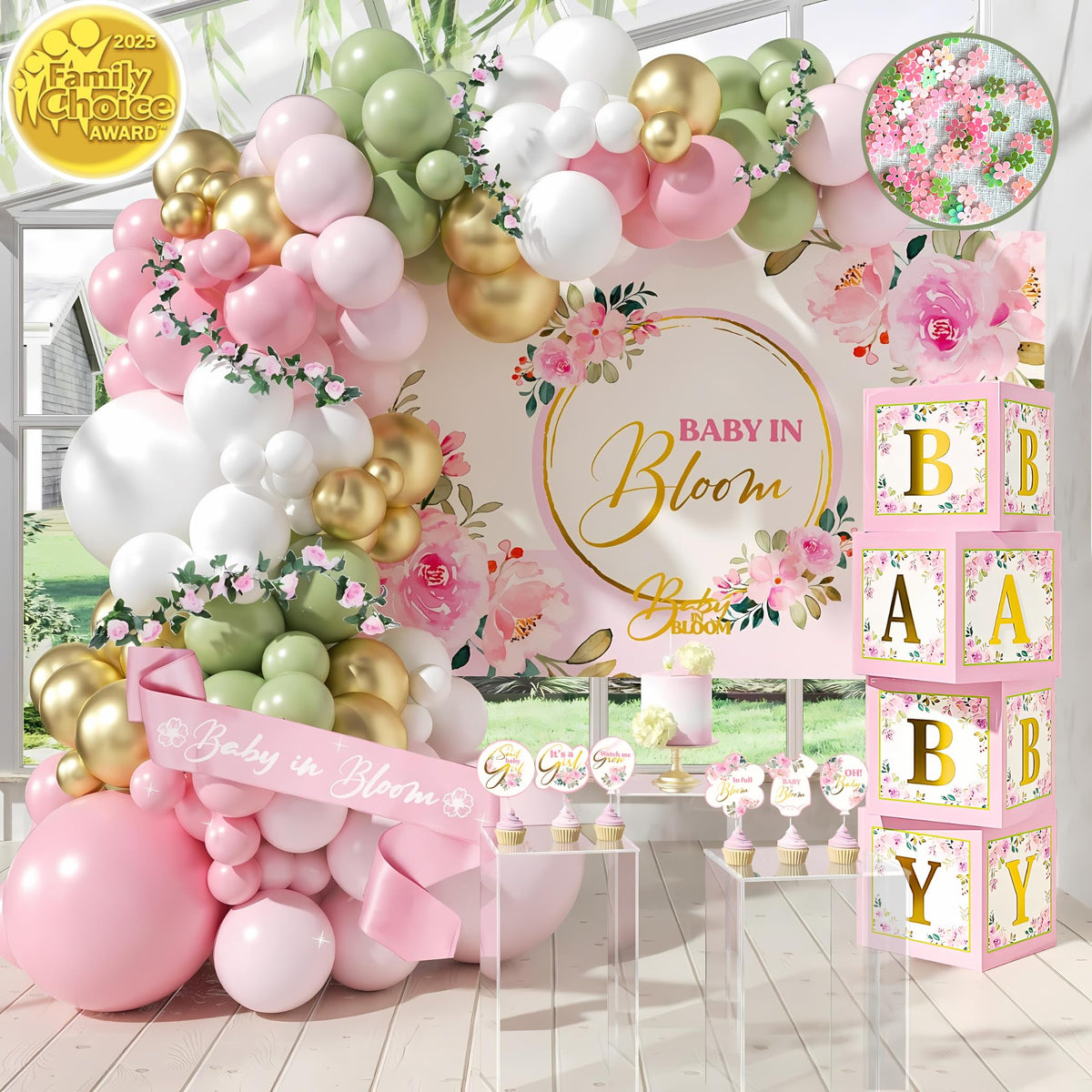 RainMeadow Baby in Bloom balloon arch enhances the party centerpiece and photo-worthy moments
