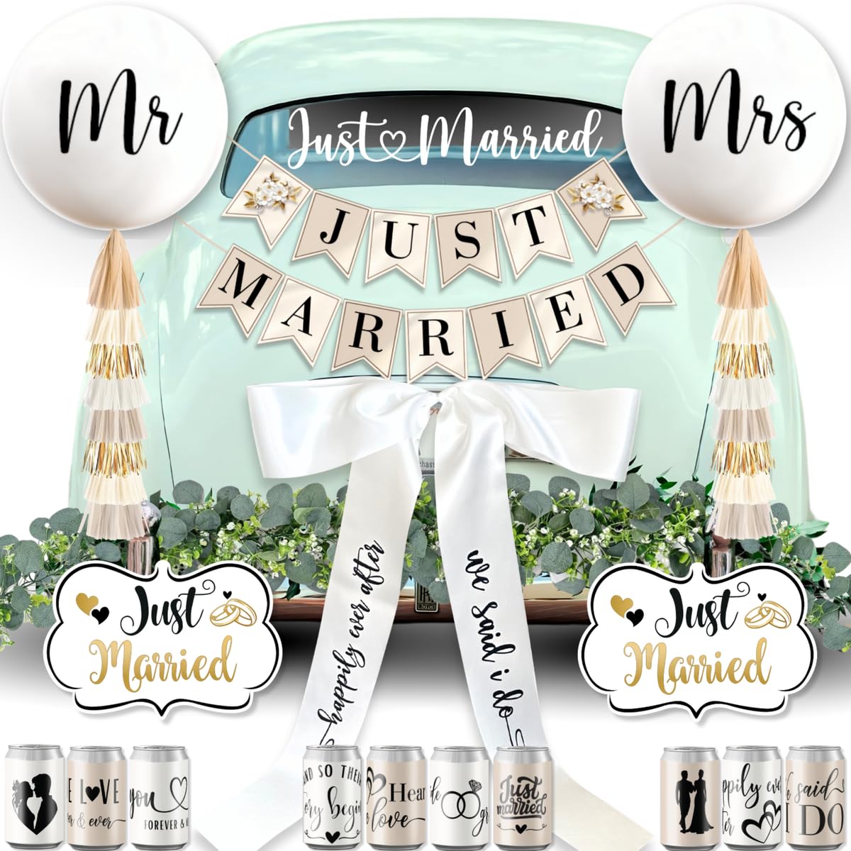 RainMeadow Just Married banner adds elegant flair to your wedding car