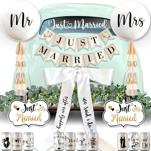 RainMeadow Just Married banner adds elegant flair to your wedding car