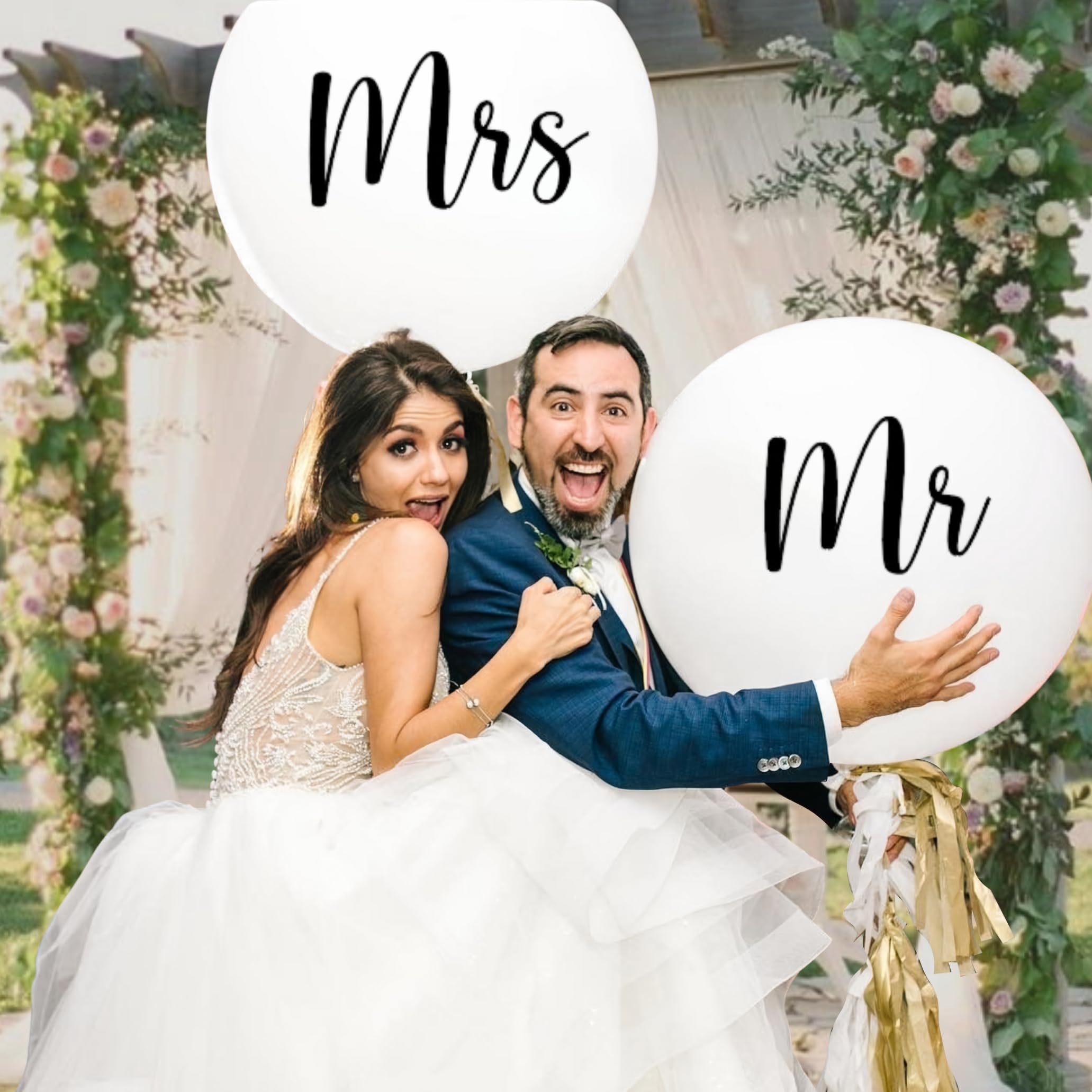 RainMeadow Mr & Mrs balloons with tassels create a festive exit