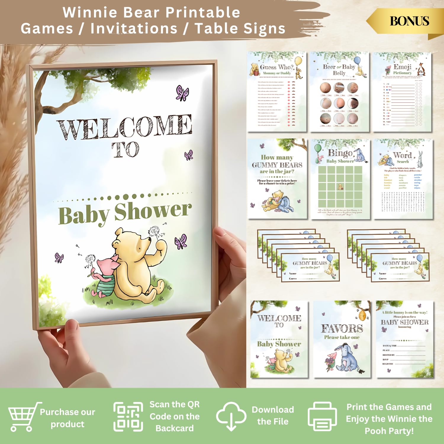 RainMeadow Pooh baby shower decor set provides a complete theme for easy styling