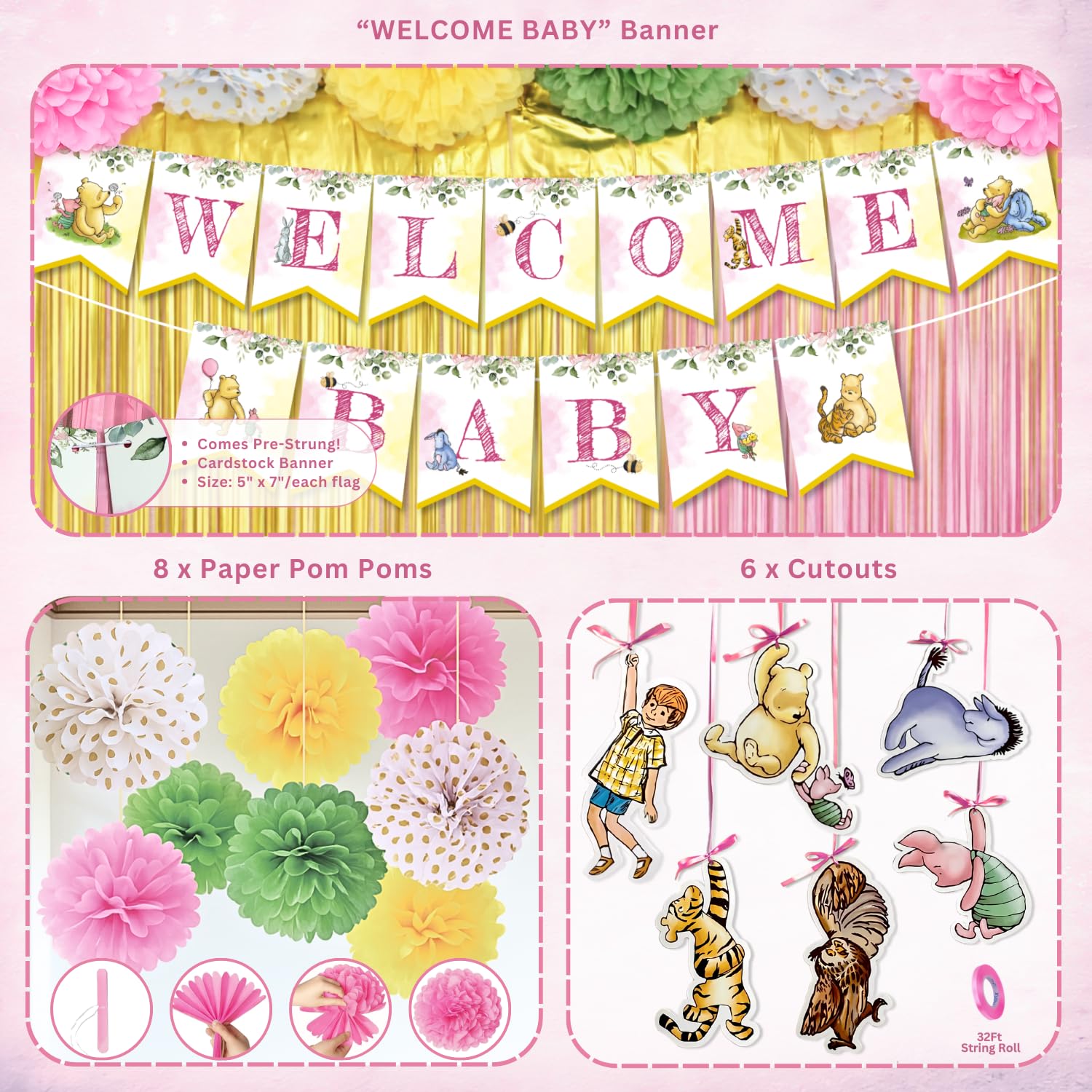 RainMeadow Pooh pompoms pink soften the party setup and photo ops