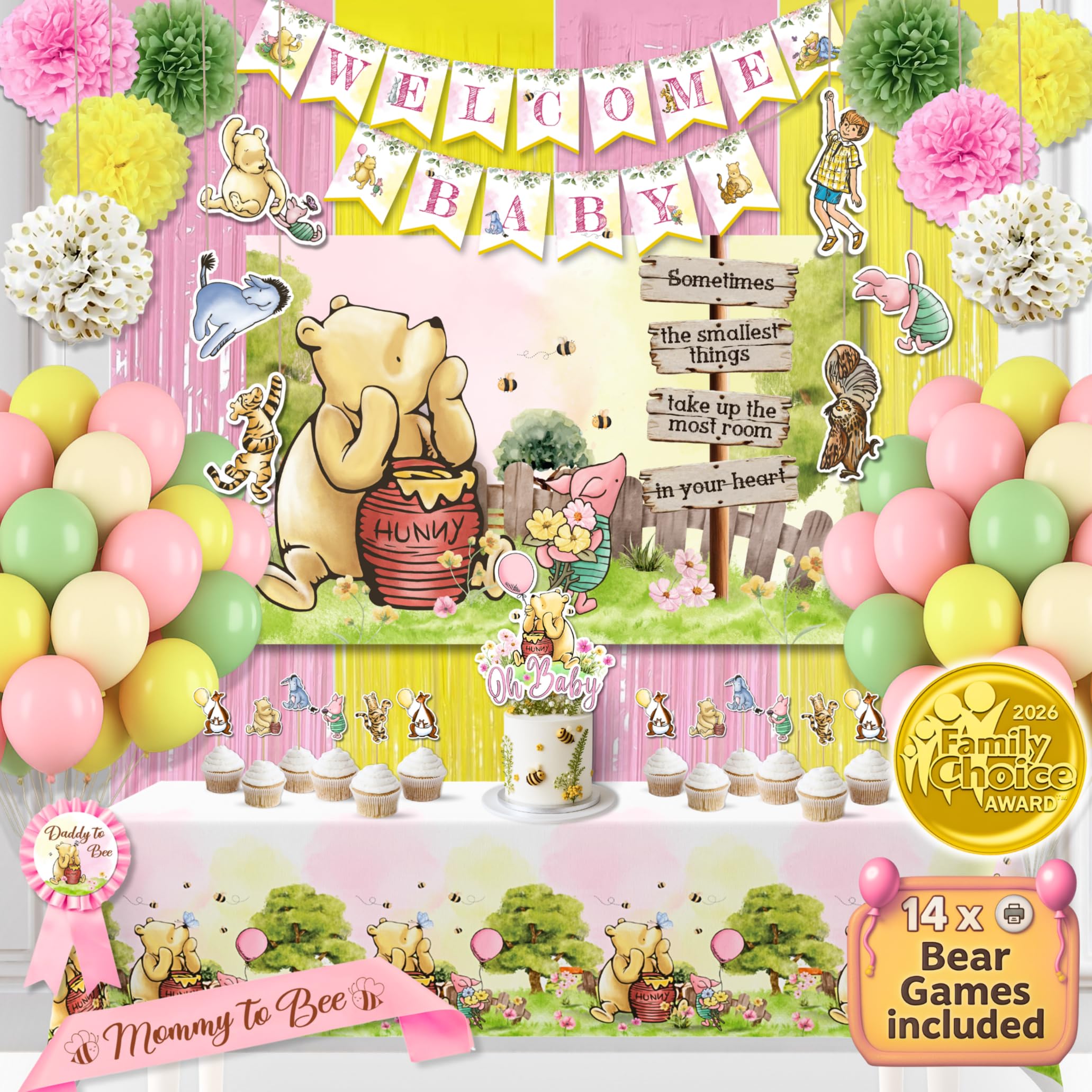 RainMeadow Winnie backdrop in pink creates a warm Pooh themed party focal point
