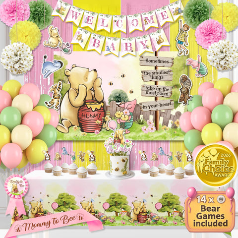 RainMeadow Winnie backdrop in pink creates a warm Pooh themed party focal point