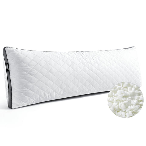 Rainmr shredded memory foam pillow 20x54 front view; supports spine alignment for side sleepers.