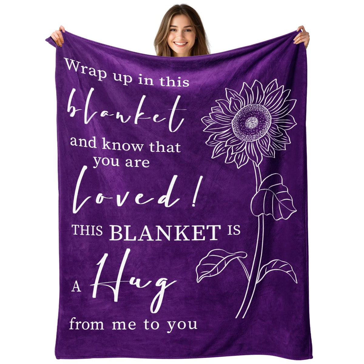 Rakoviol Hug Blanket with purple sunflower design offers warm recovery comfort.