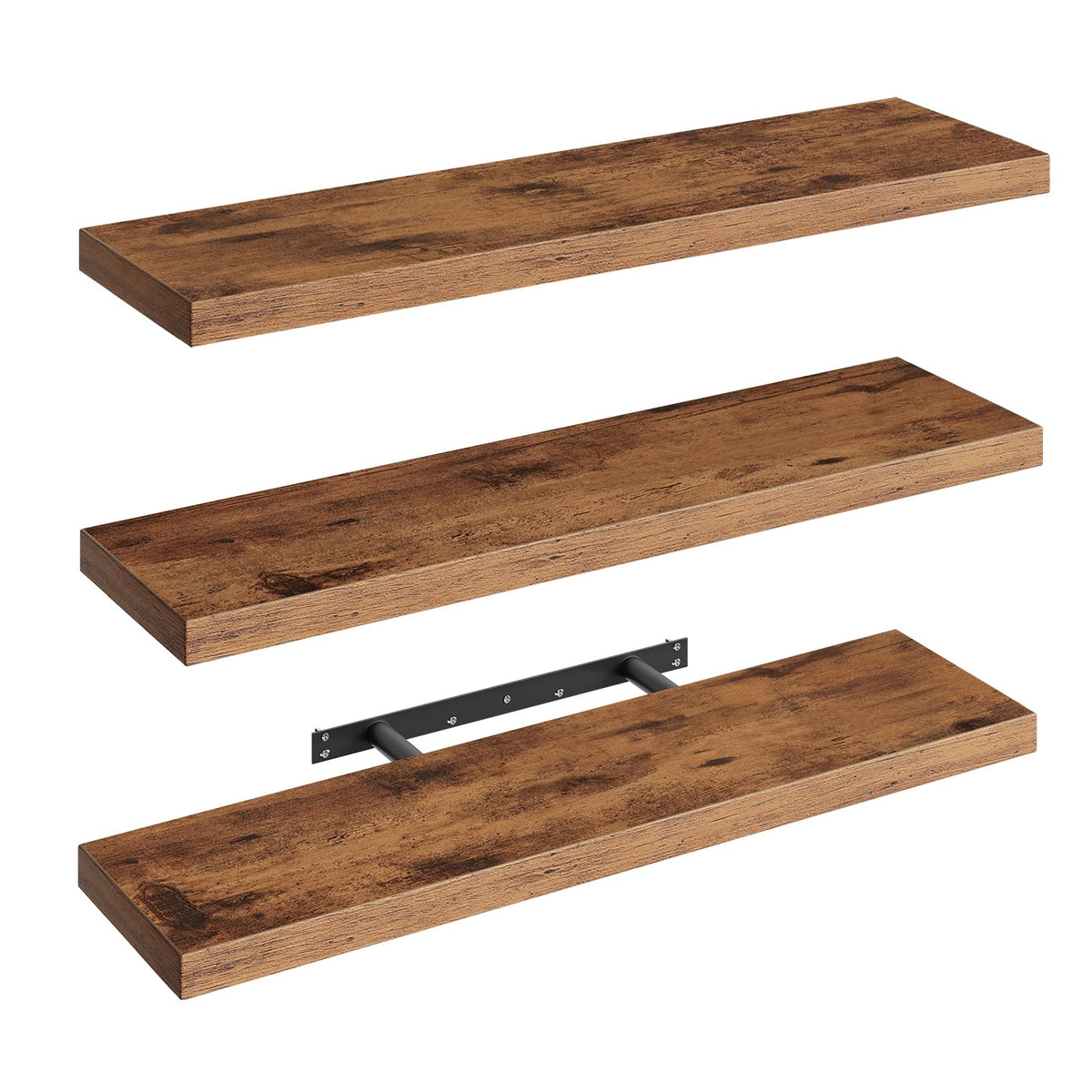 RALGEND 3-piece floating shelves in woodgrain for space-saving display.