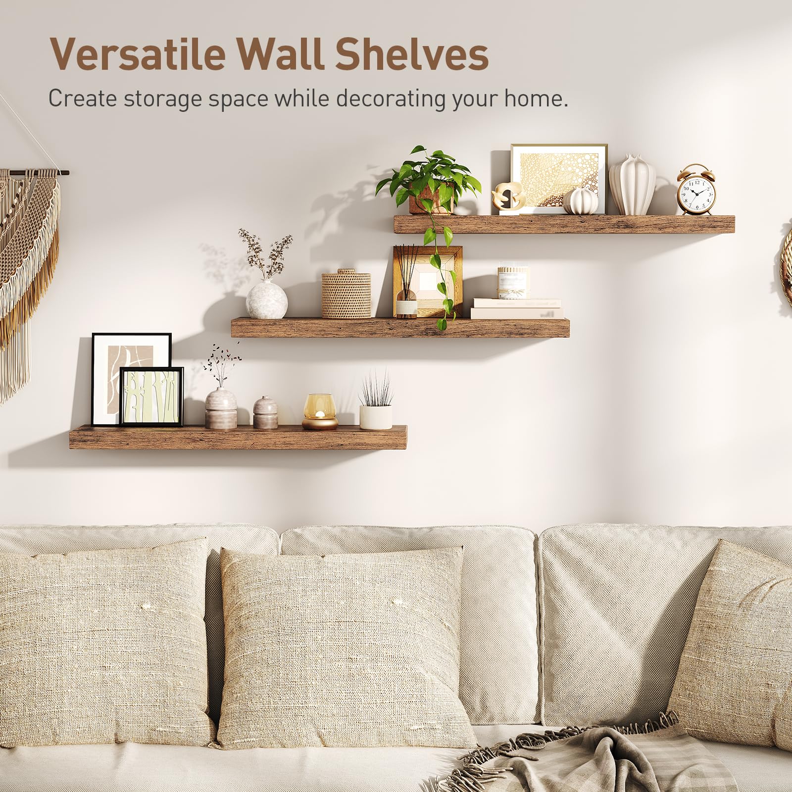 RALGEND woodgrain shelves organize books and photos in living rooms.