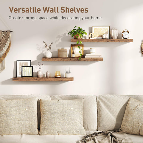 RALGEND woodgrain shelves organize books and photos in living rooms.