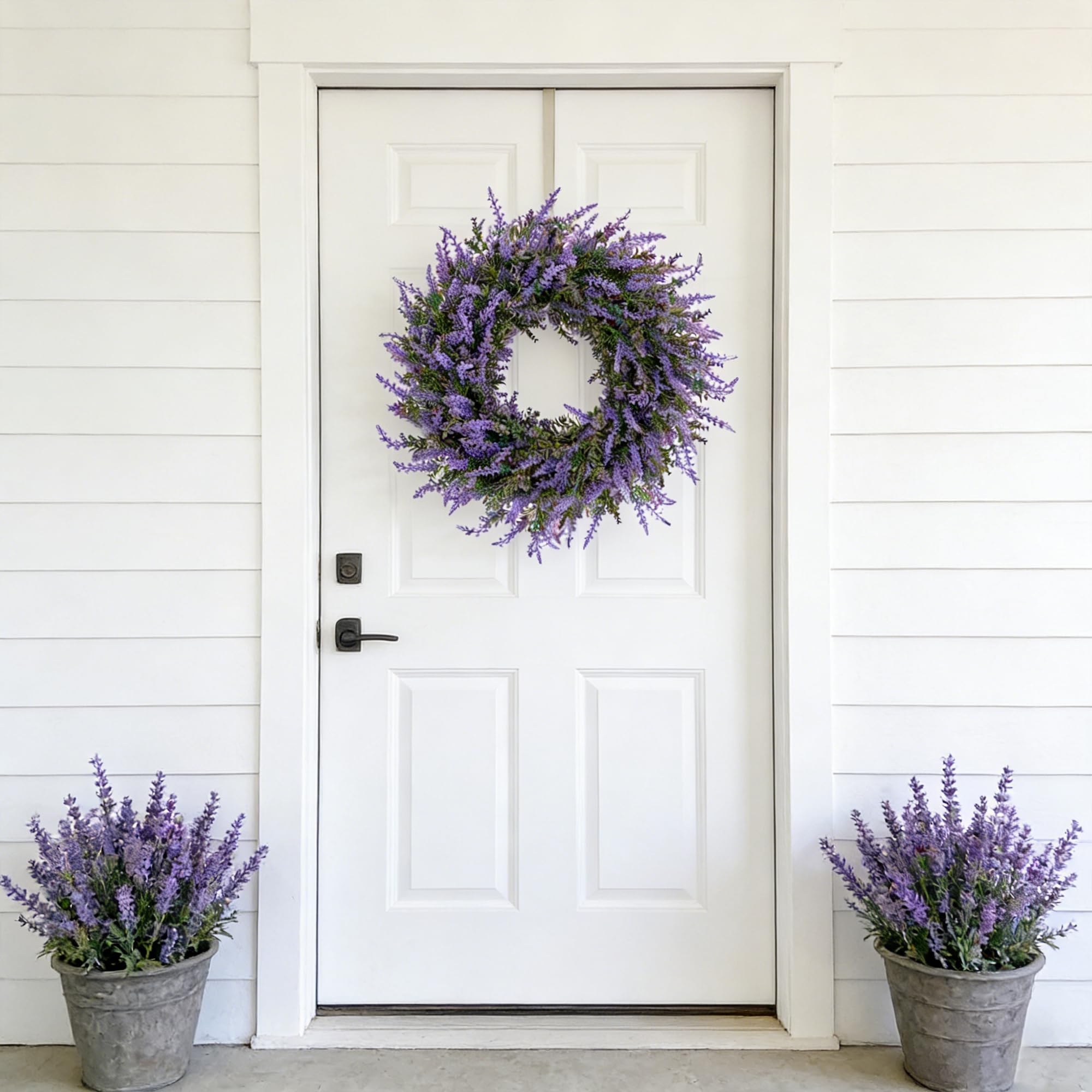 Ramblion front-door wreath display highlighting lush lavender and greenery.