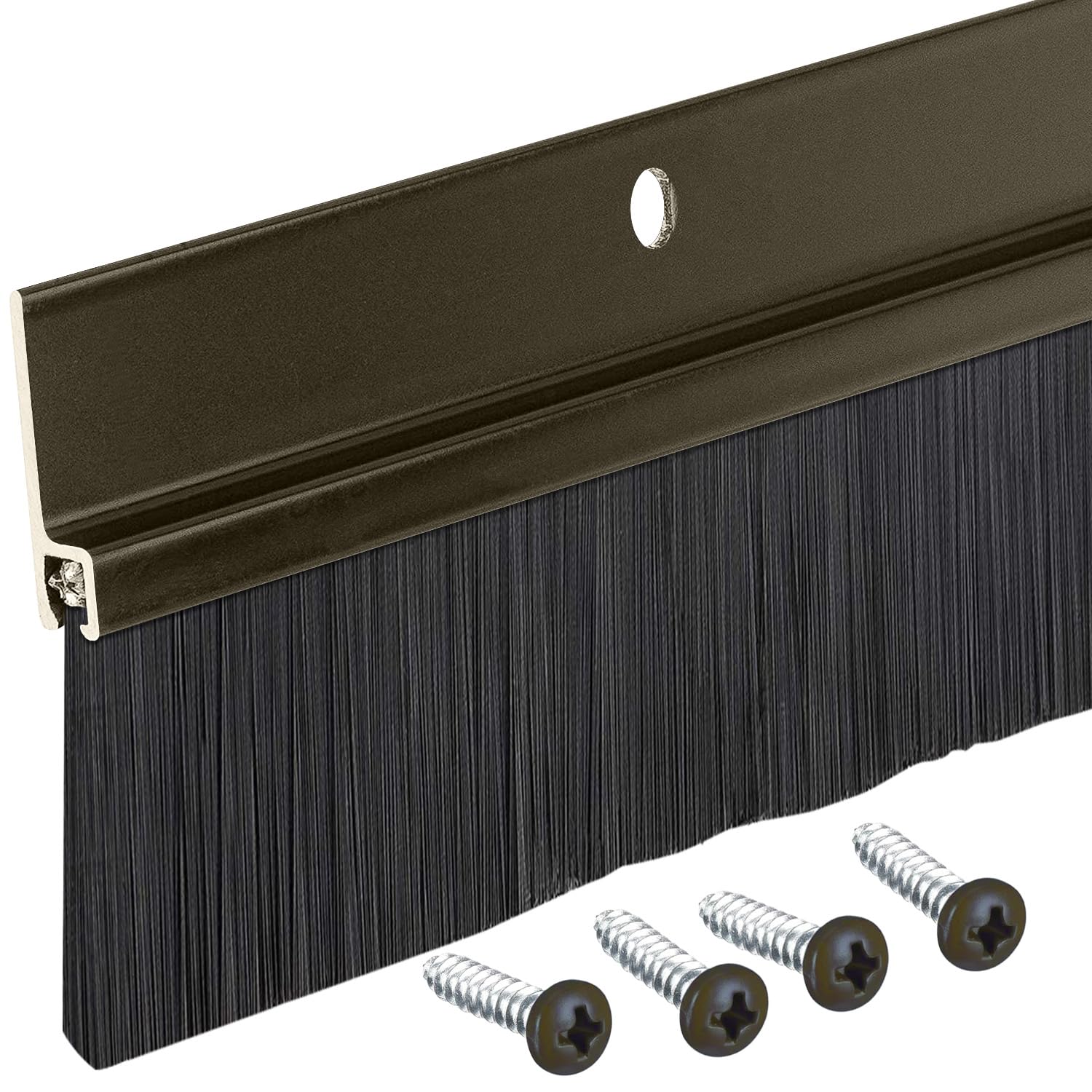 Randall Manufacturing door sweep with aluminum body and black brush seals gaps