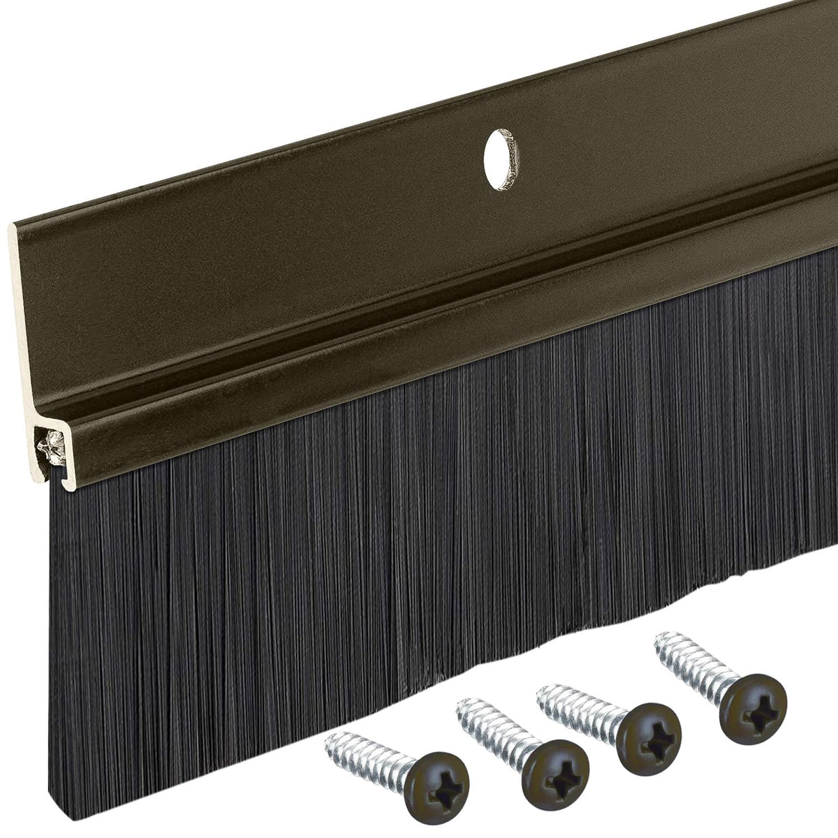 Randall Manufacturing door sweep with aluminum body and black brush seals gaps