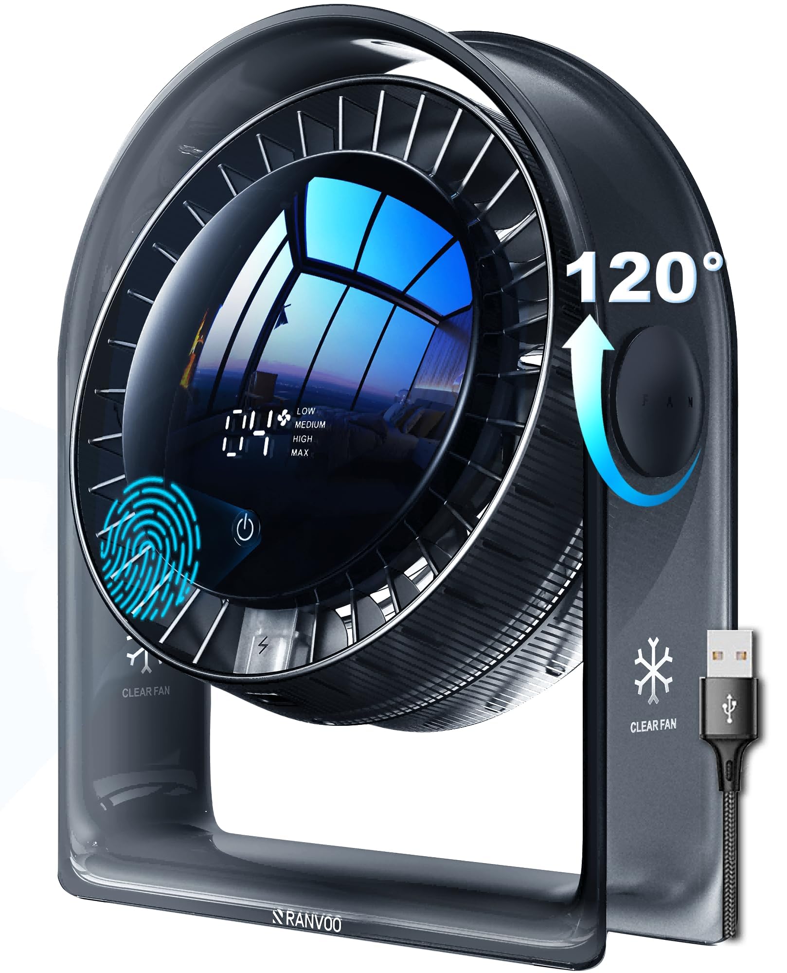 RANVOO 2026 desk fan front view demonstrates compact cooling for desks and nightstands