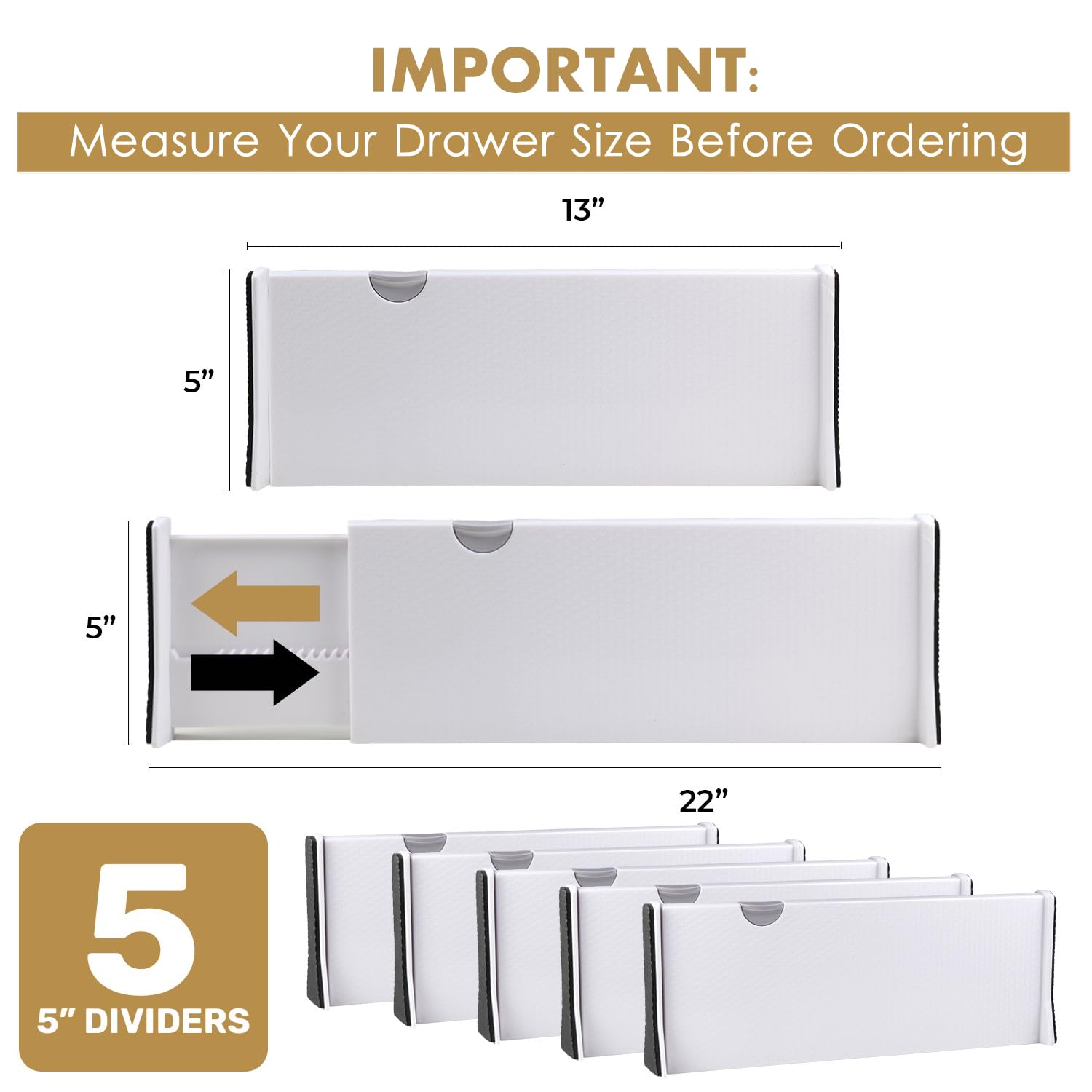 RAPTUROUS expandable-drawer-divider expands from 13 to 22 inches for kitchen drawers.
