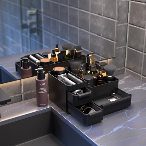 Rasydyn Cologne Organizer with drawer-storage shows three drawers for watches and skincare.